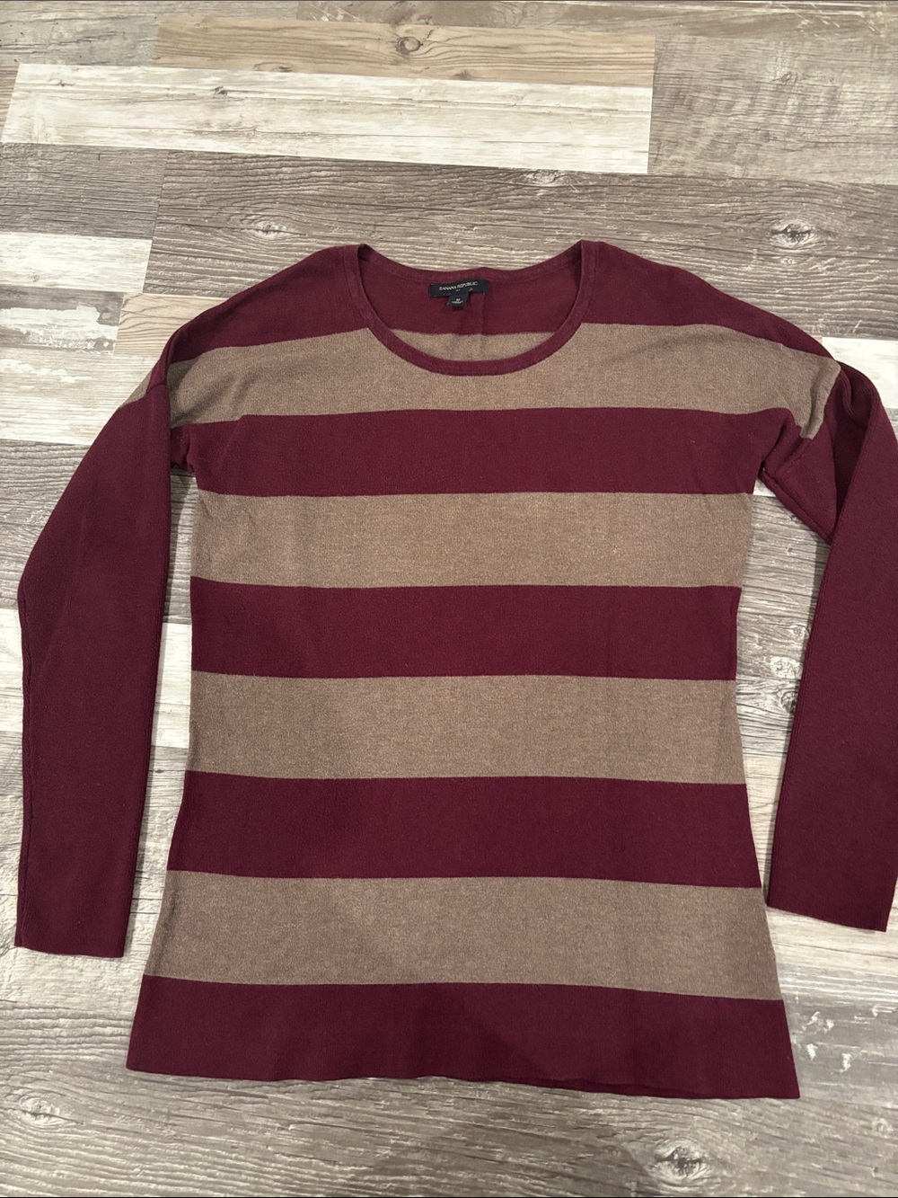 Banana Republic Burgundy and Tan Striped Crewneck Sweater